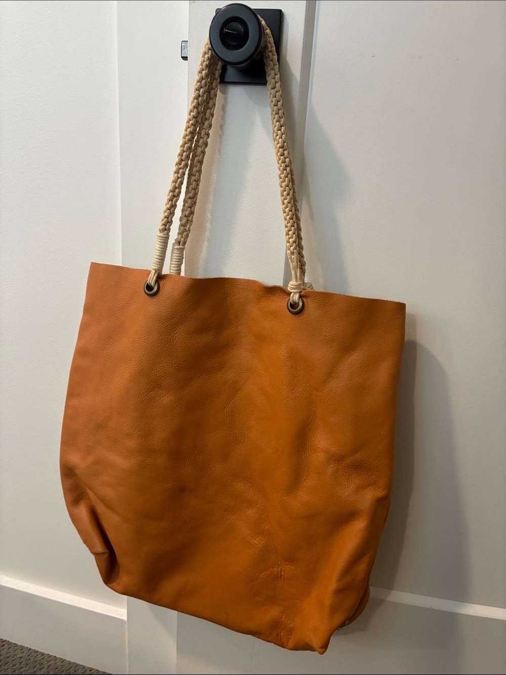 Spacious Tan Leather Tote Bag with Braided Handles